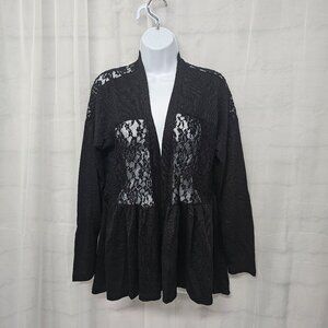 Black Lace Knit Cardigan Twee Coquette Whimsigoth Ribbed Sheer Y2K L
